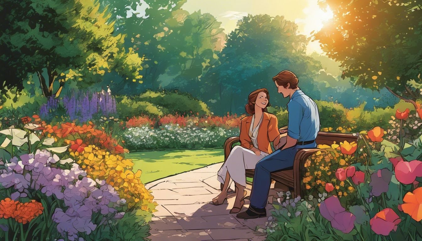 A couple chatting in a beautiful garden filled with colorful flowers. things-to-avoid-on-a-second-date-215514691-7441576