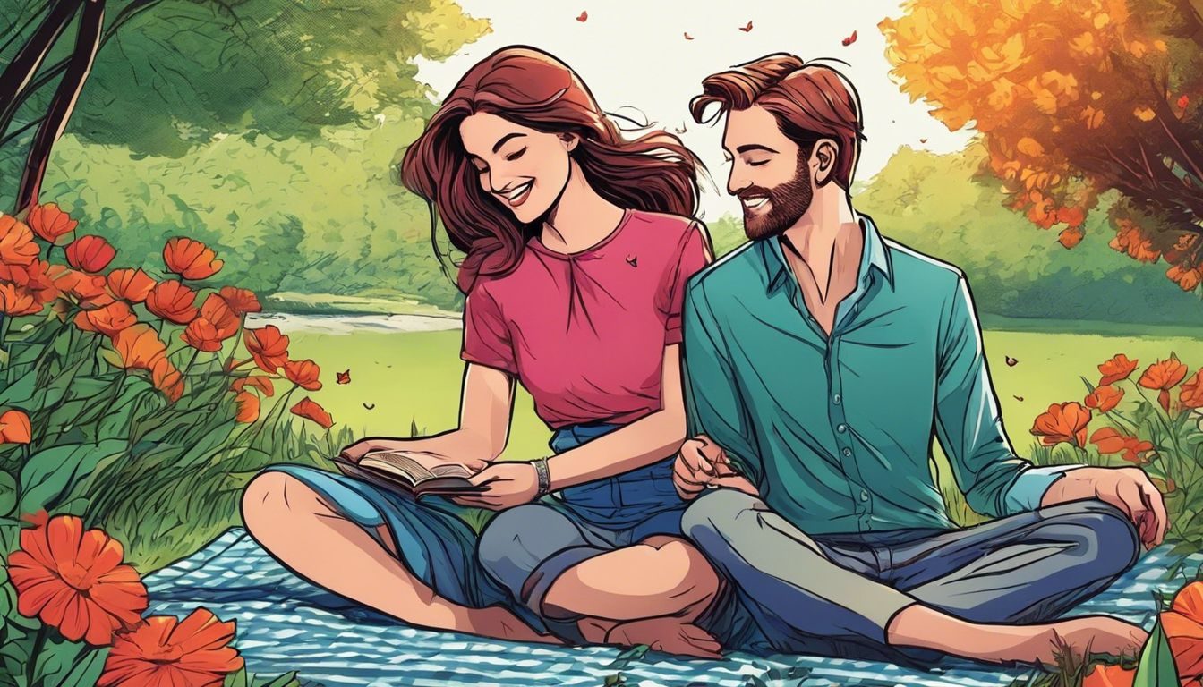 A couple sitting in a park, holding hands and surrounded by flowers. consider-physical-touch-215514517-8033333