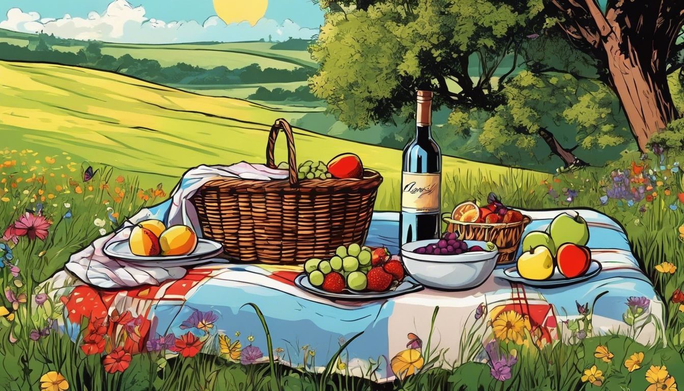 A romantic picnic set up in a peaceful, sunlit meadow. conclusion-215514319-2032453